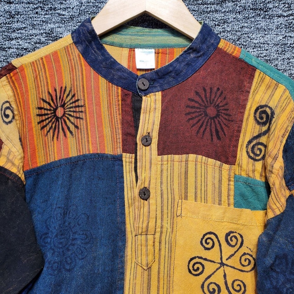 Handmade Nepalese Patchwork Block Print Tunic‎ Shirt Mens Large Blue Orange Boho - Picture 4 of 12